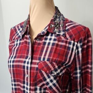 GUESS Red Plaid Western Snap Shirt with Embellished Rhinestone Collar - Small